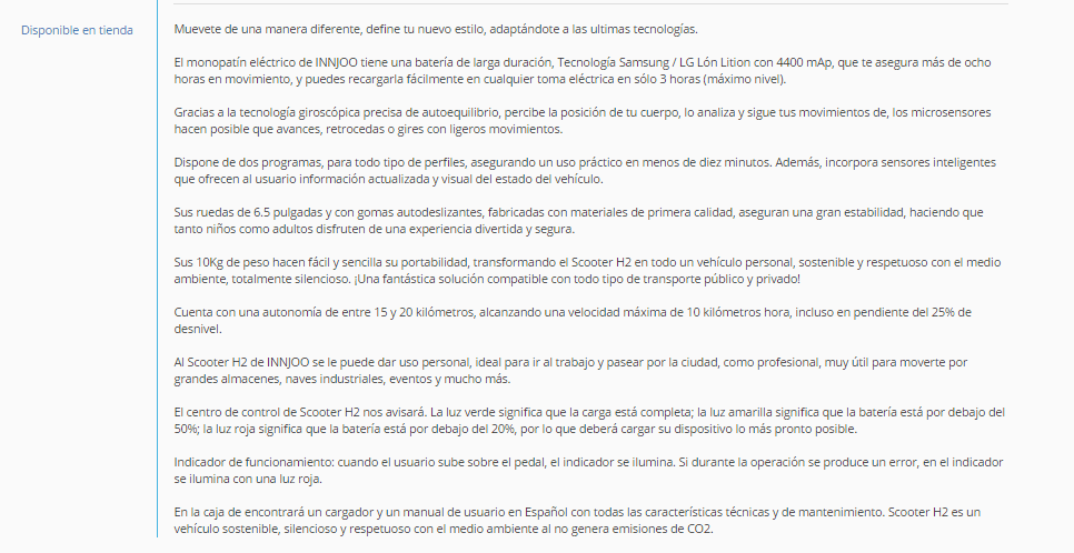 Ficha de producto descriptiva