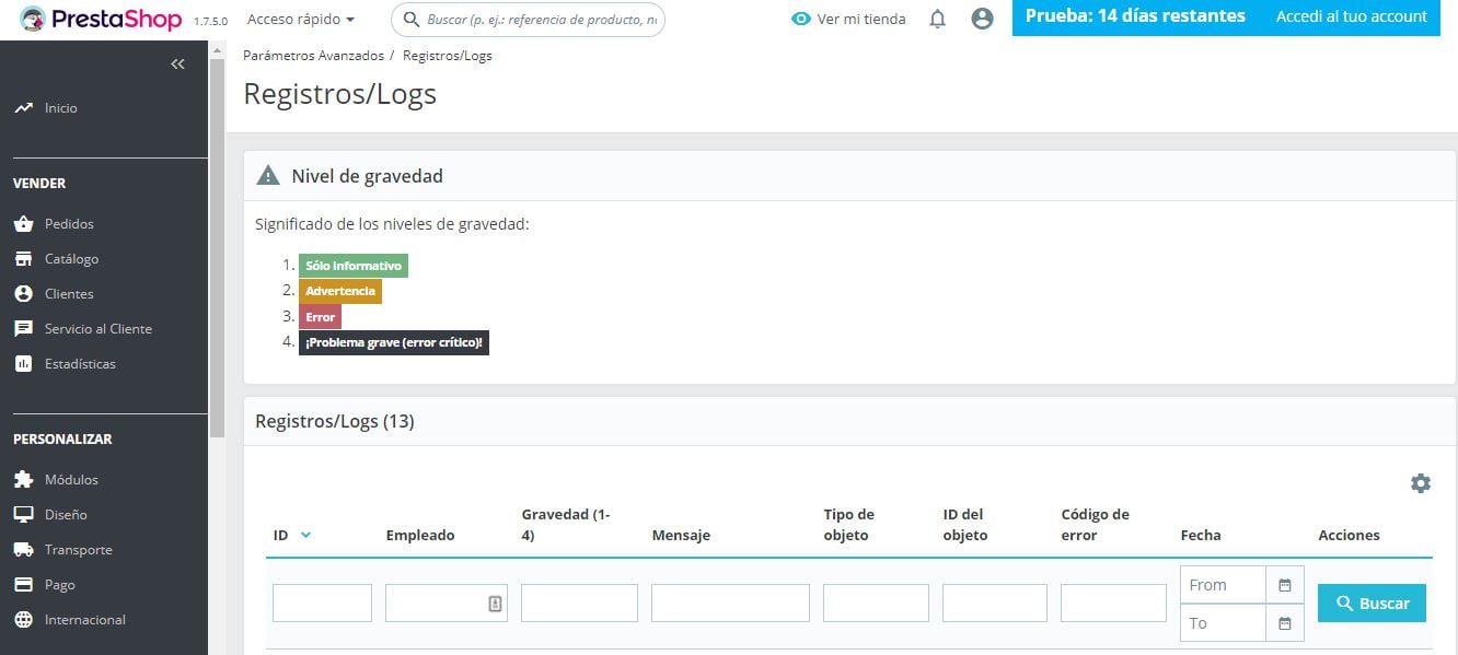 Registros logs prestashop ready