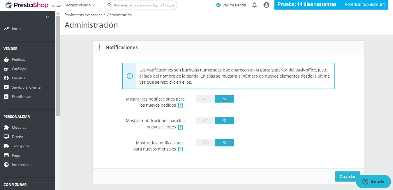 administracion notificaciones prestashop ready