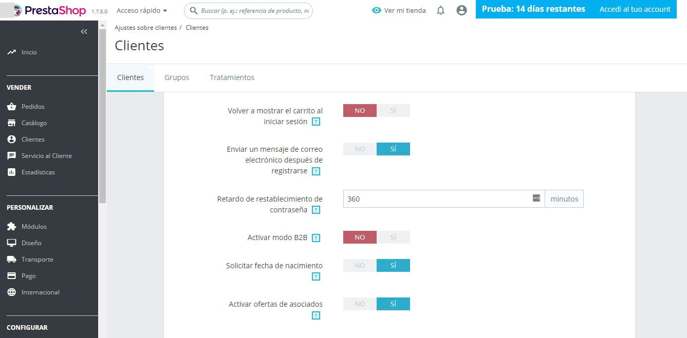 ajustes clientes prestashop ready