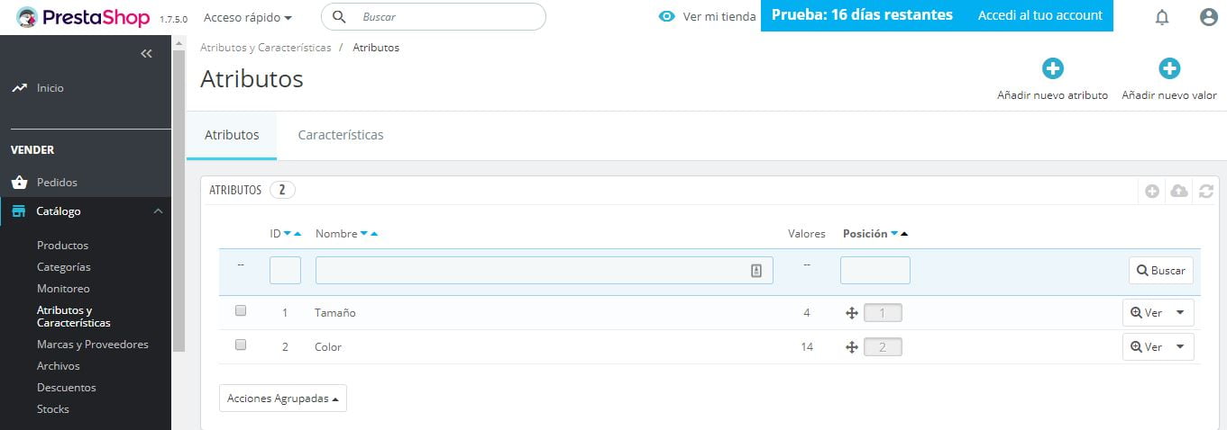 atributos y caracteristicas prestashop ready