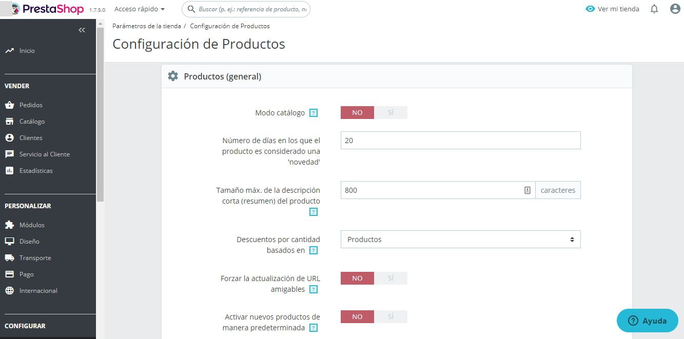 configuracion de productos prestashop ready