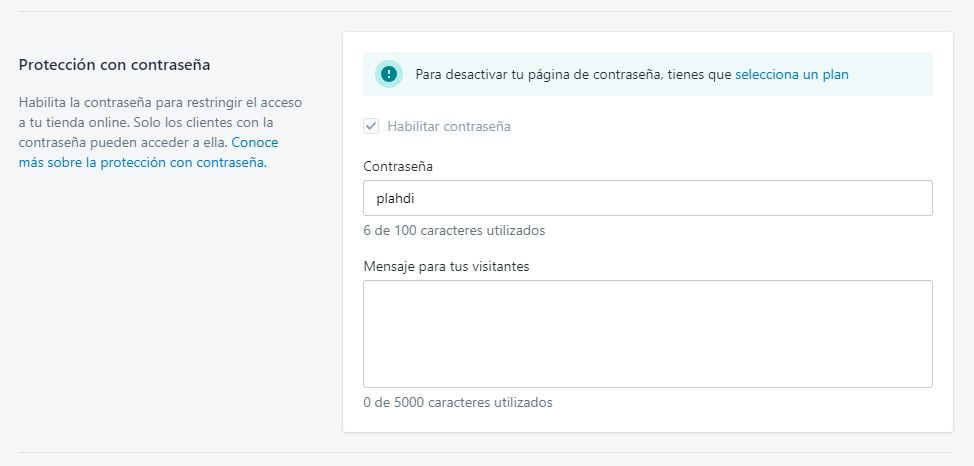 contraseña web Shopify