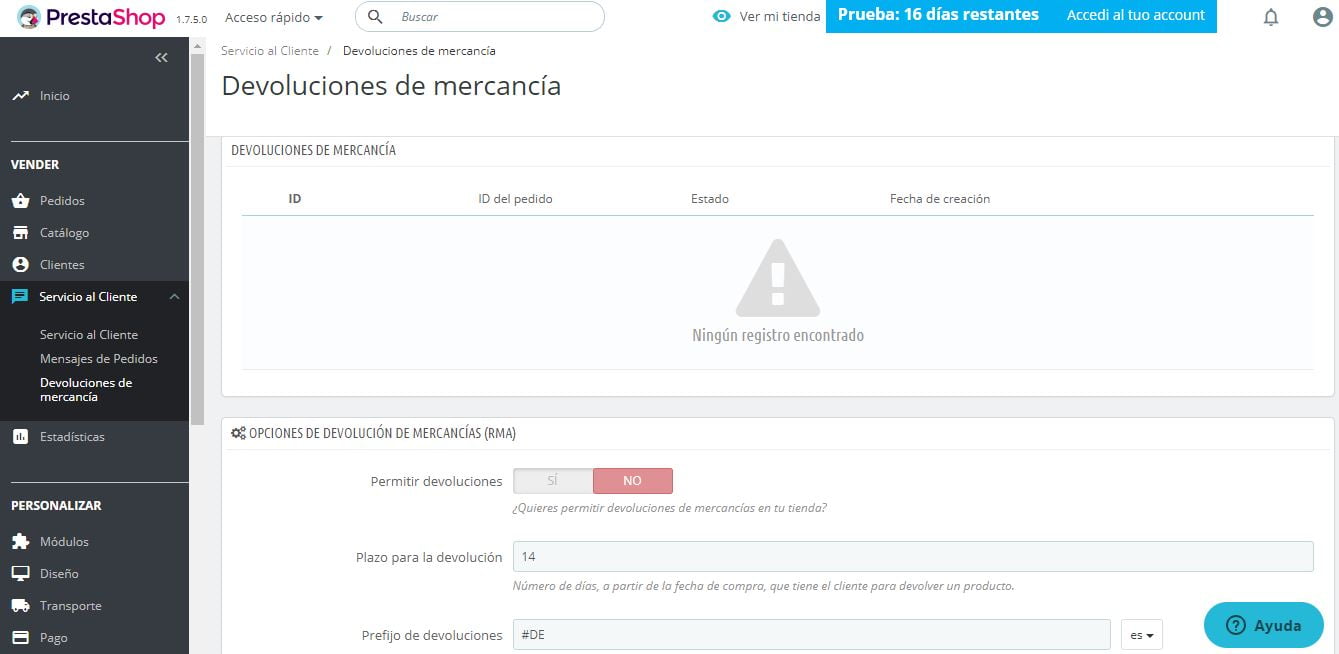devoluciones de mercancia prestashop ready
