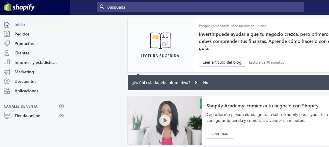 menú panel gestion shopify