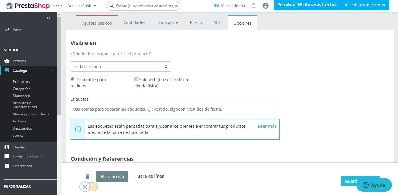 opciones productos prestashop ready