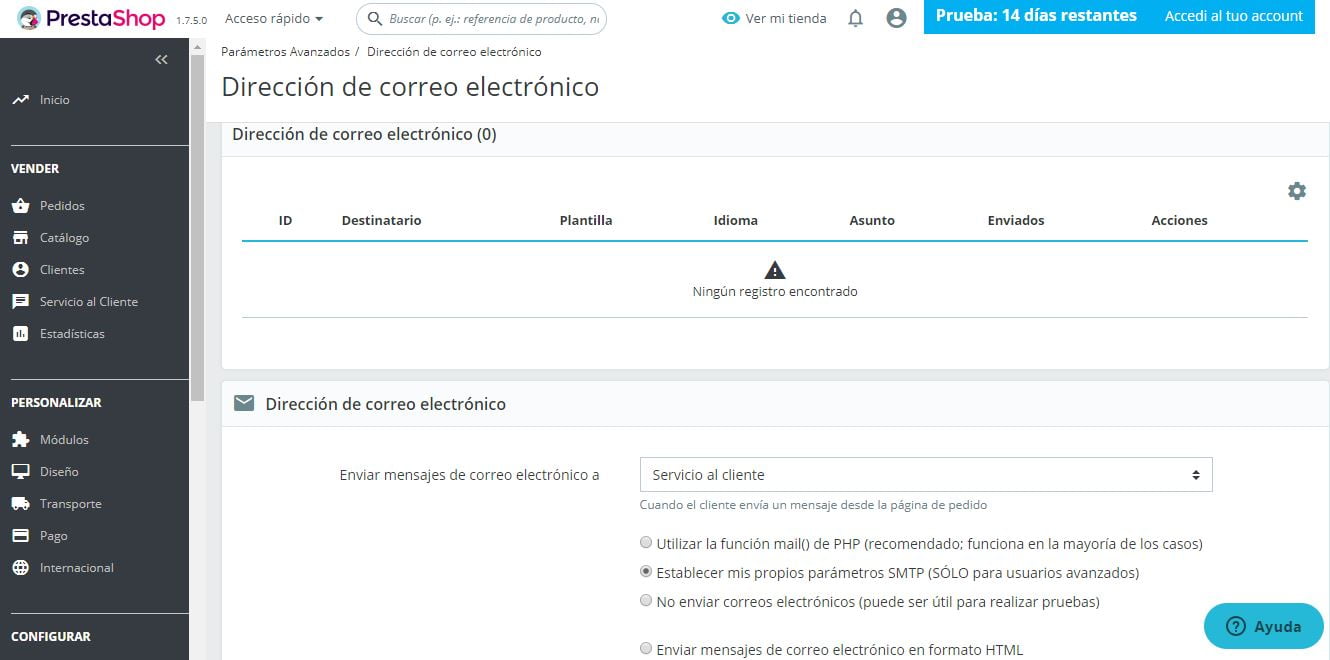 parametros email prestashop ready