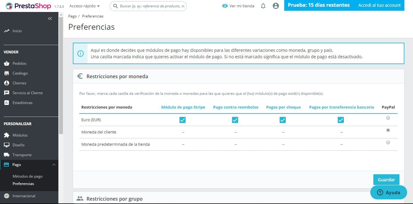 preferencias pago prestashop ready
