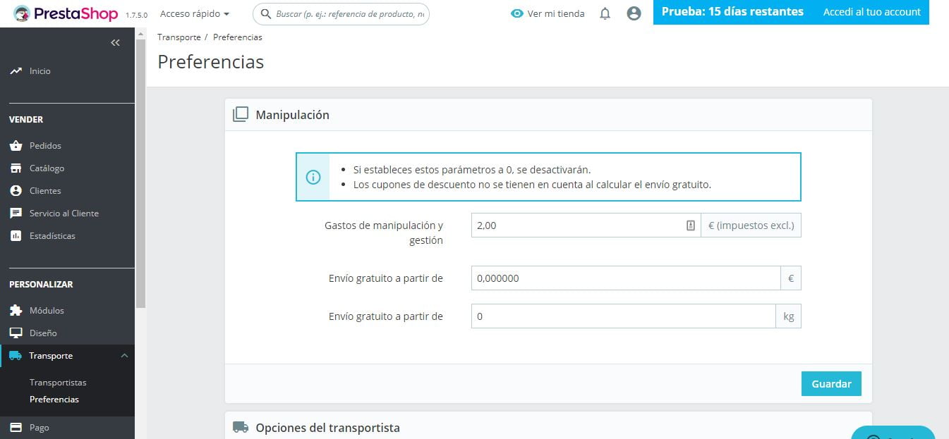 preferencias transporte prestashop ready
