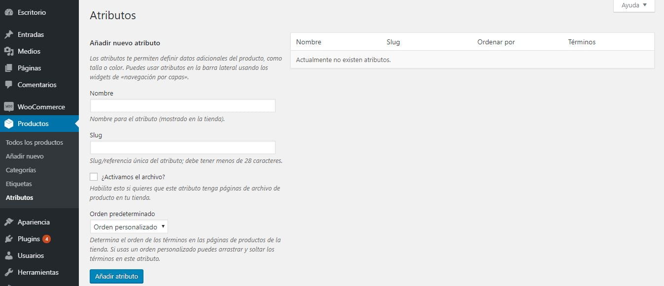 atributos woocommerce