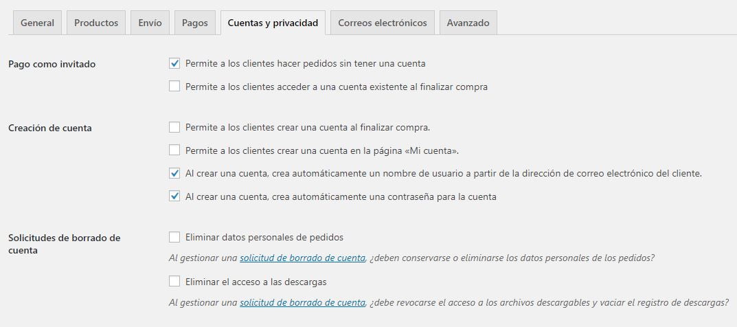 cuentas y privacidad woocommerce
