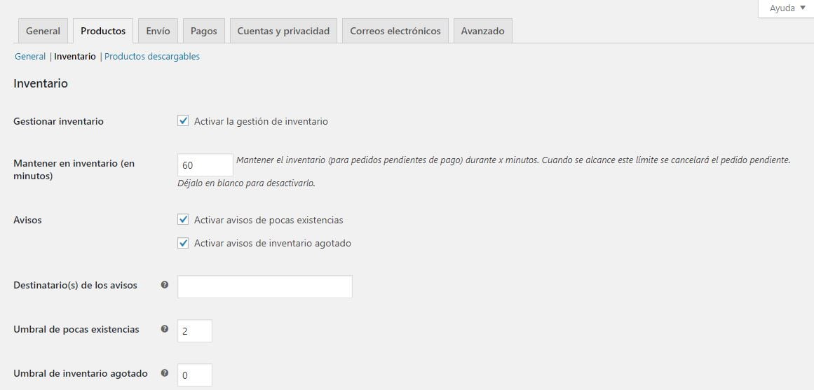 inventario productos woocommerce