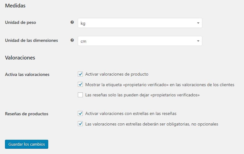 medidas y valoraciones Woocommerce