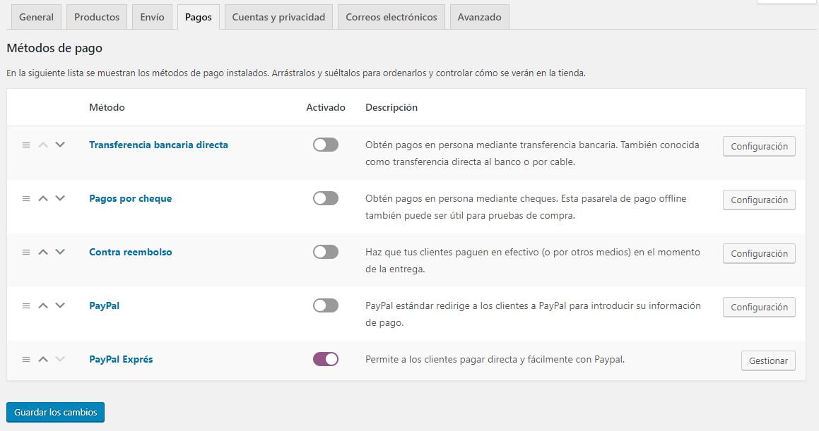 metodos de pago de woocommerce