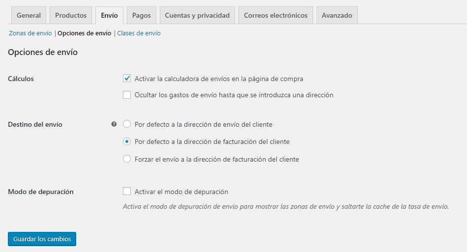 opciones de envio woocommerce