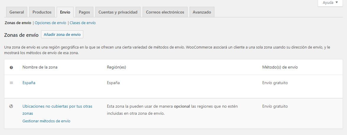 zonas de envio woocommerce